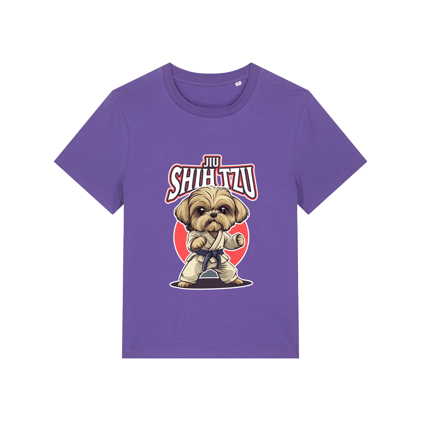 purple funny animal t-shirt with the graphic of a dog in dobok and the slogan 'jiu shihtzu'