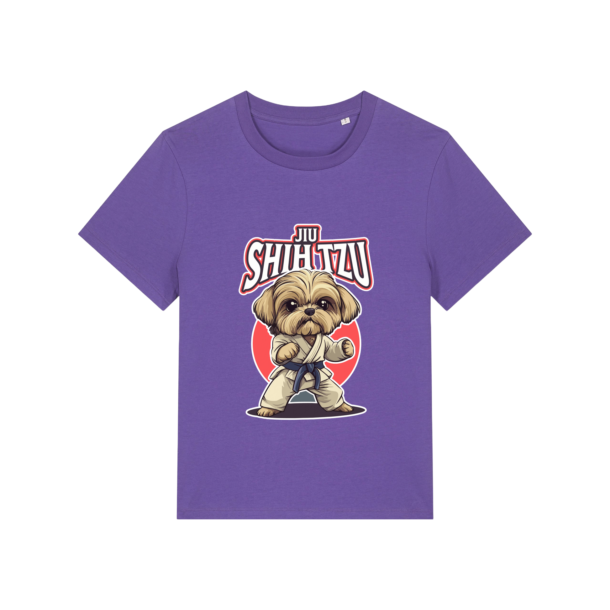 purple funny animal t-shirt with the graphic of a dog in dobok and the slogan 'jiu shihtzu'