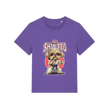purple funny animal t-shirt with the graphic of a dog in dobok and the slogan 'jiu shihtzu'