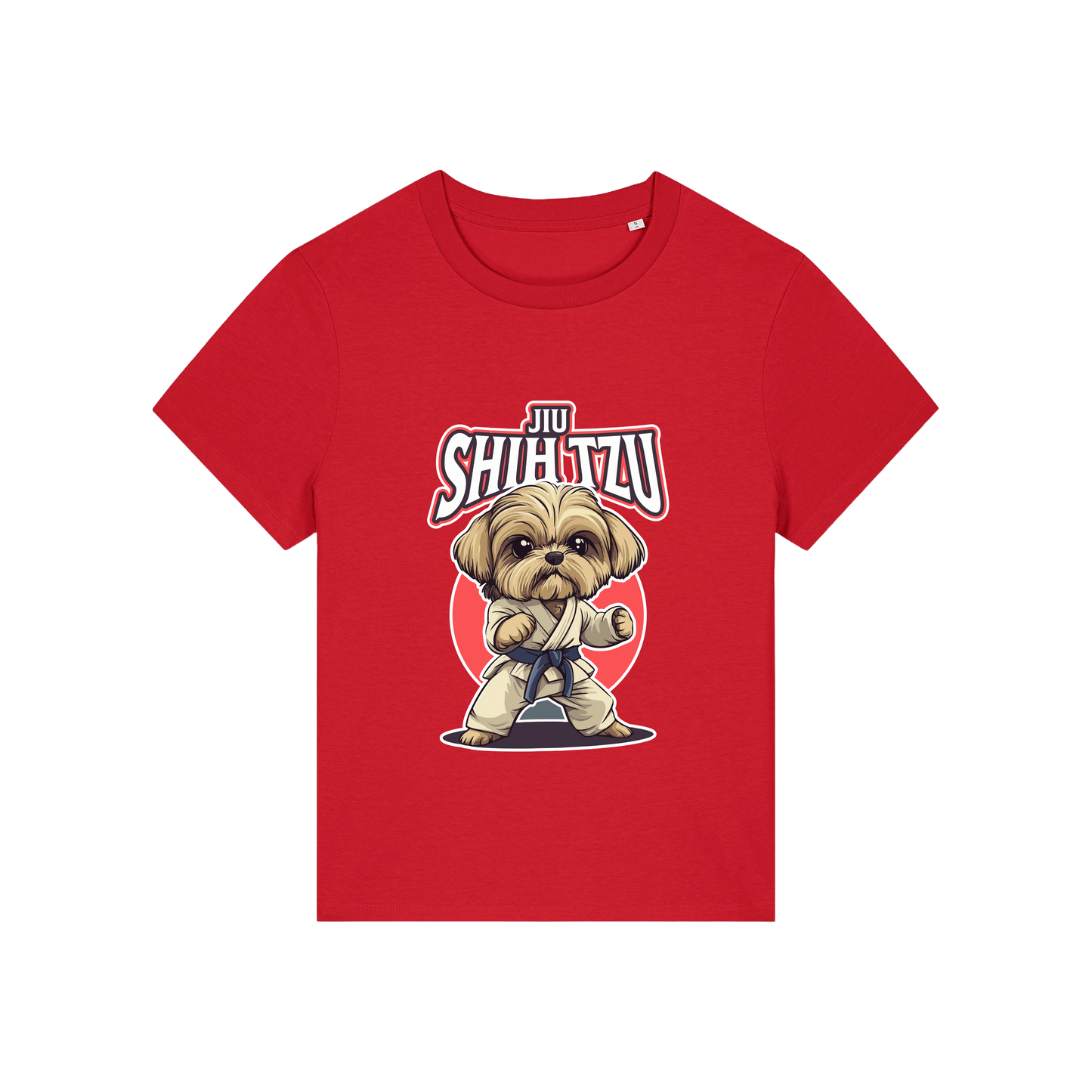red funny animal t-shirt with the graphic of a dog in dobok and the slogan 'jiu shihtzu'