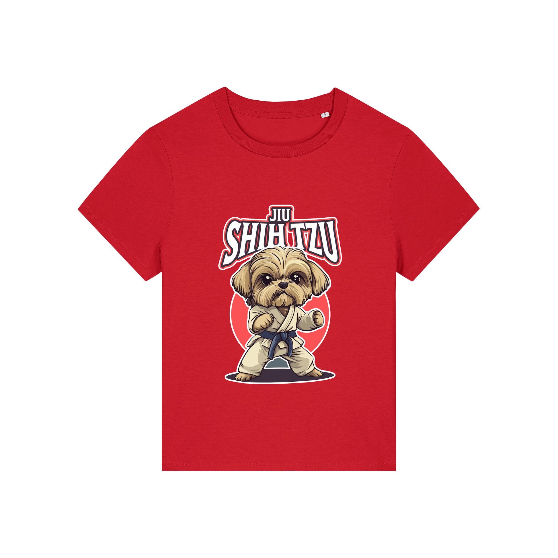 red funny animal t-shirt with the graphic of a dog in dobok and the slogan 'jiu shihtzu'