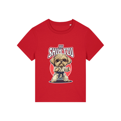 red funny animal t-shirt with the graphic of a dog in dobok and the slogan 'jiu shihtzu'