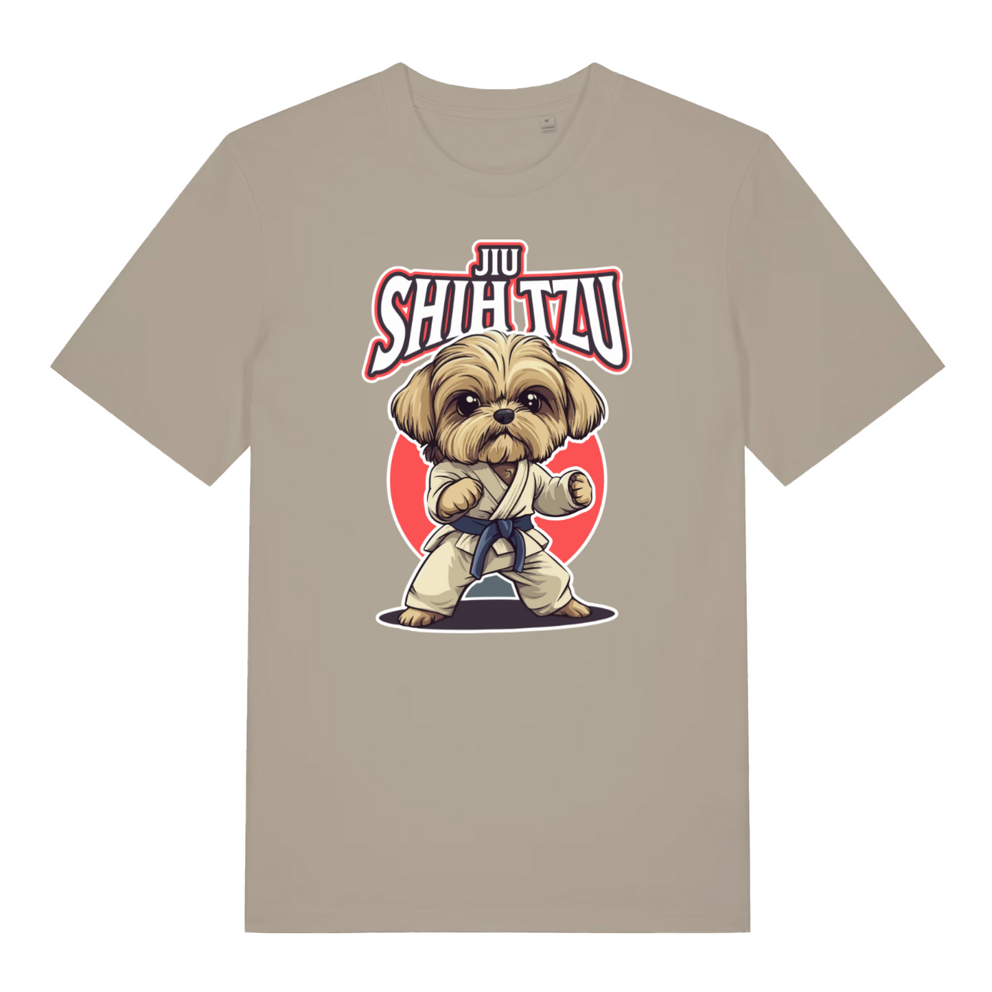 stone women's funny animal t-shirt with the graphic of a dog dressed in a martial arts kit and the slogan 'jiu shihtzu'