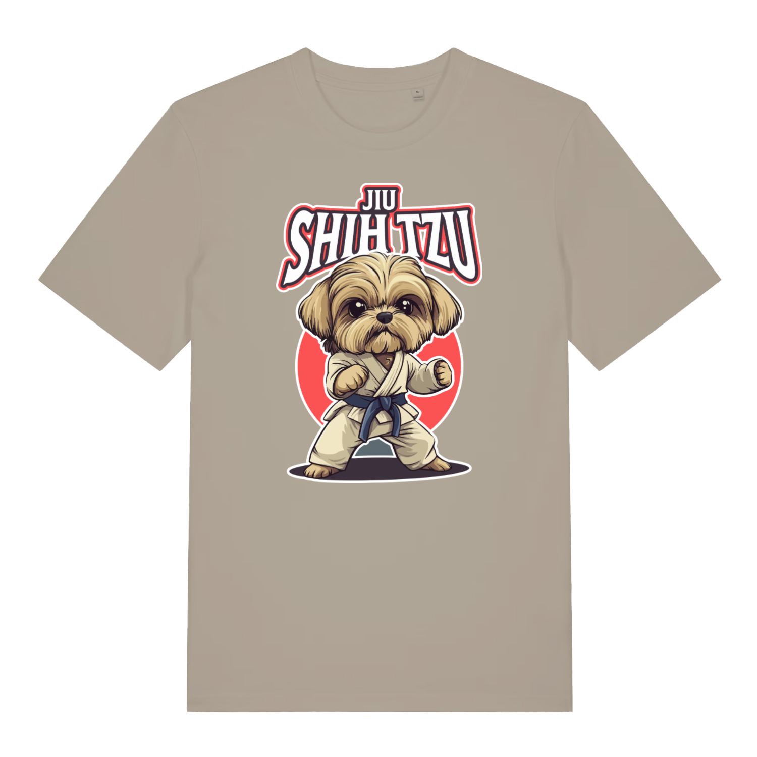 stone women's funny animal t-shirt with the graphic of a dog dressed in a martial arts kit and the slogan 'jiu shihtzu'