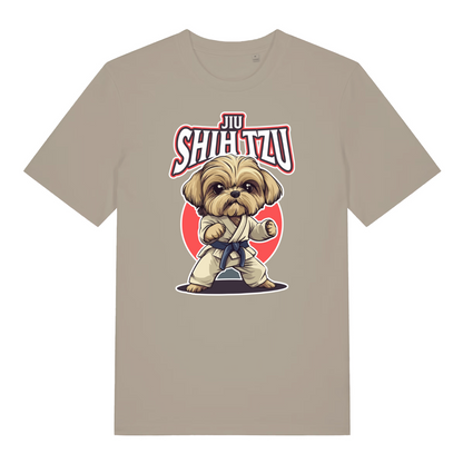 stone women's funny animal t-shirt with the graphic of a dog dressed in a martial arts kit and the slogan 'jiu shihtzu'