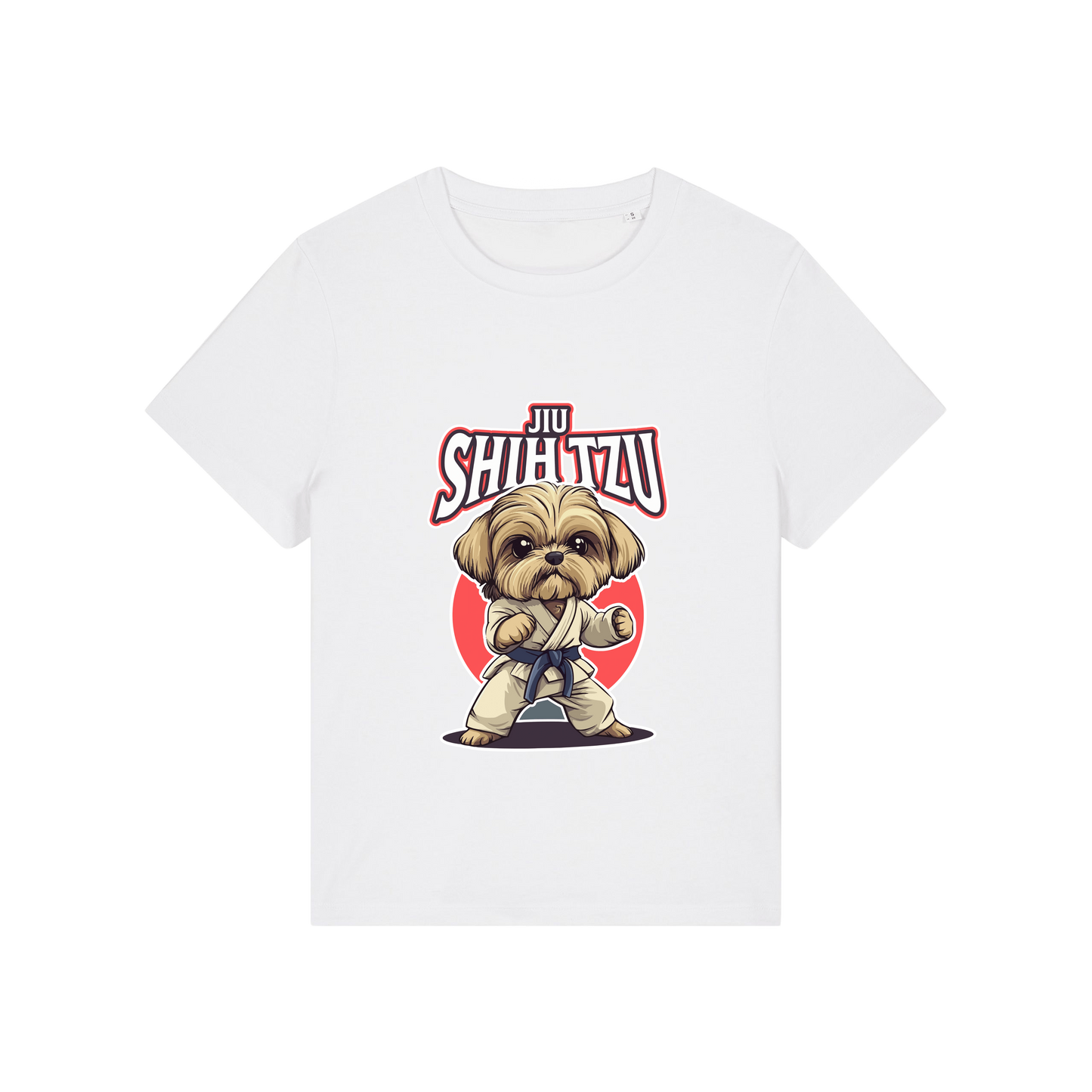 white funny animal t-shirt with the graphic of a dog in dobok and the slogan 'jiu shihtzu'