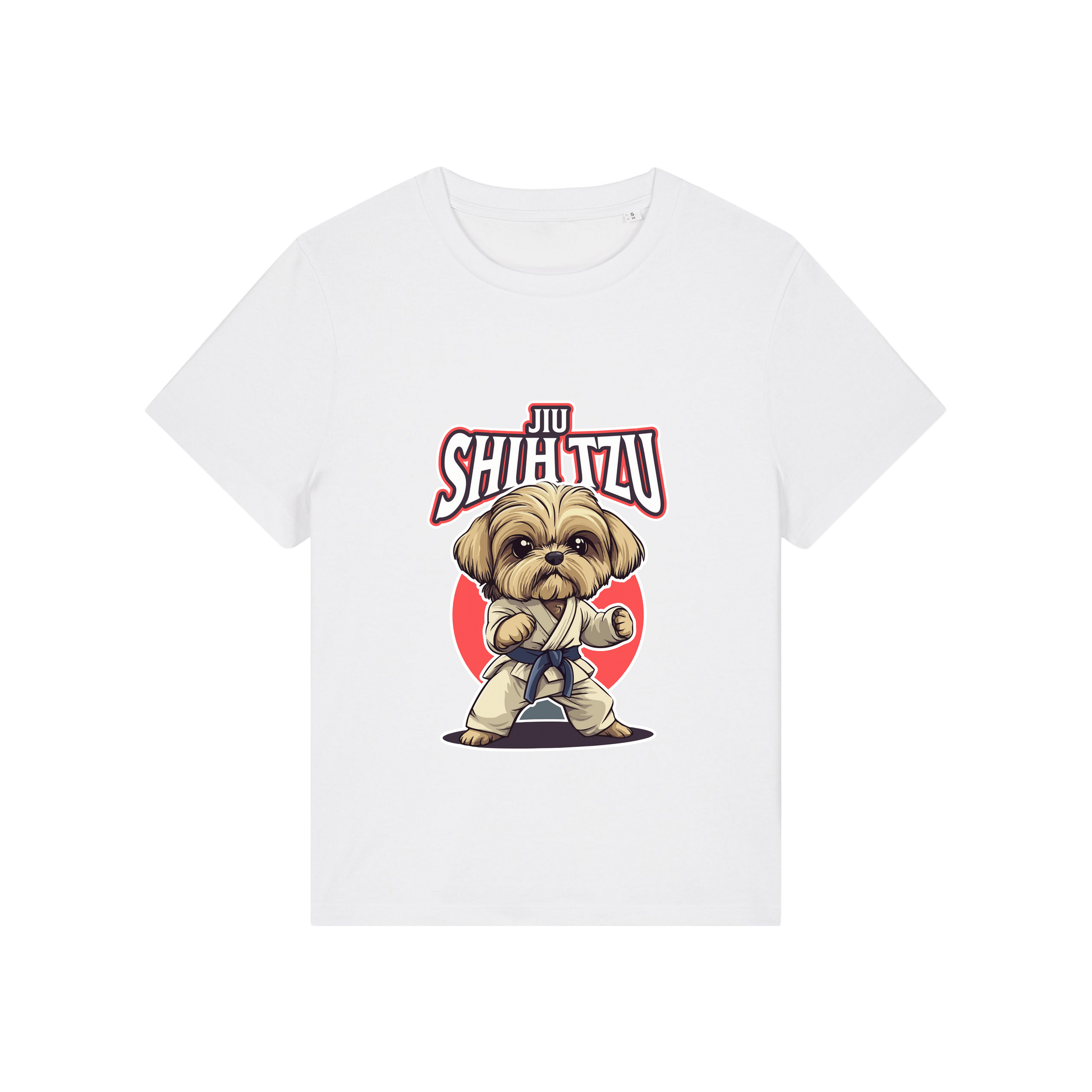 white funny animal t-shirt with the graphic of a dog in dobok and the slogan 'jiu shihtzu'
