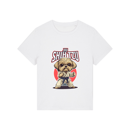 white funny animal t-shirt with the graphic of a dog in dobok and the slogan 'jiu shihtzu'