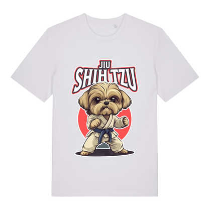 White women's Jiu Shih Tzu funny graphic t-shirt displaying Shih Tzu ready to fight and bold “JIU SHIH TZU” text  