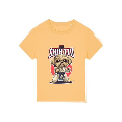 yellow funny animal t-shirt with the graphic of a dog in dobok and the slogan 'jiu shihtzu'