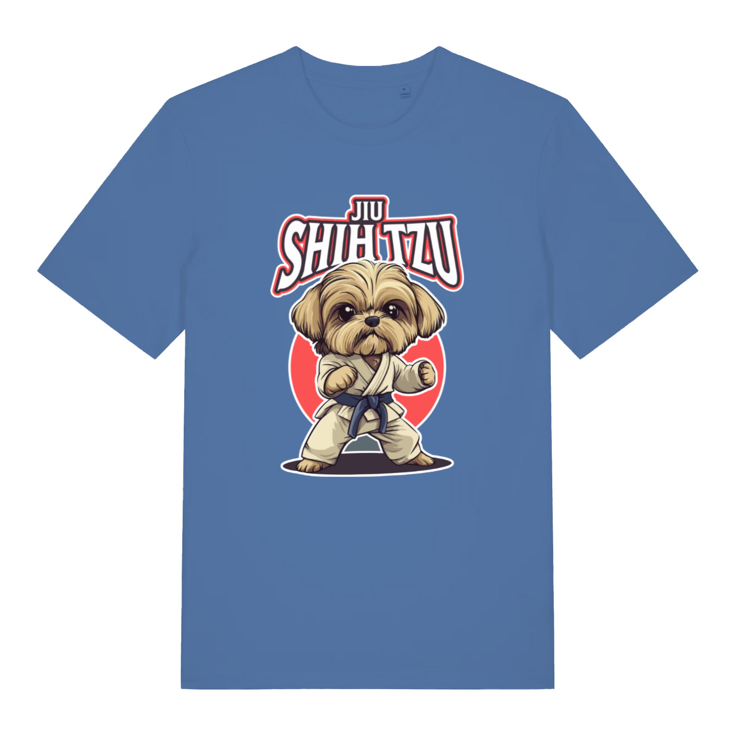 Blue funny animal t-shirt with a dog in a martial arts pose and 'Jiu Shih Tzu' text on 