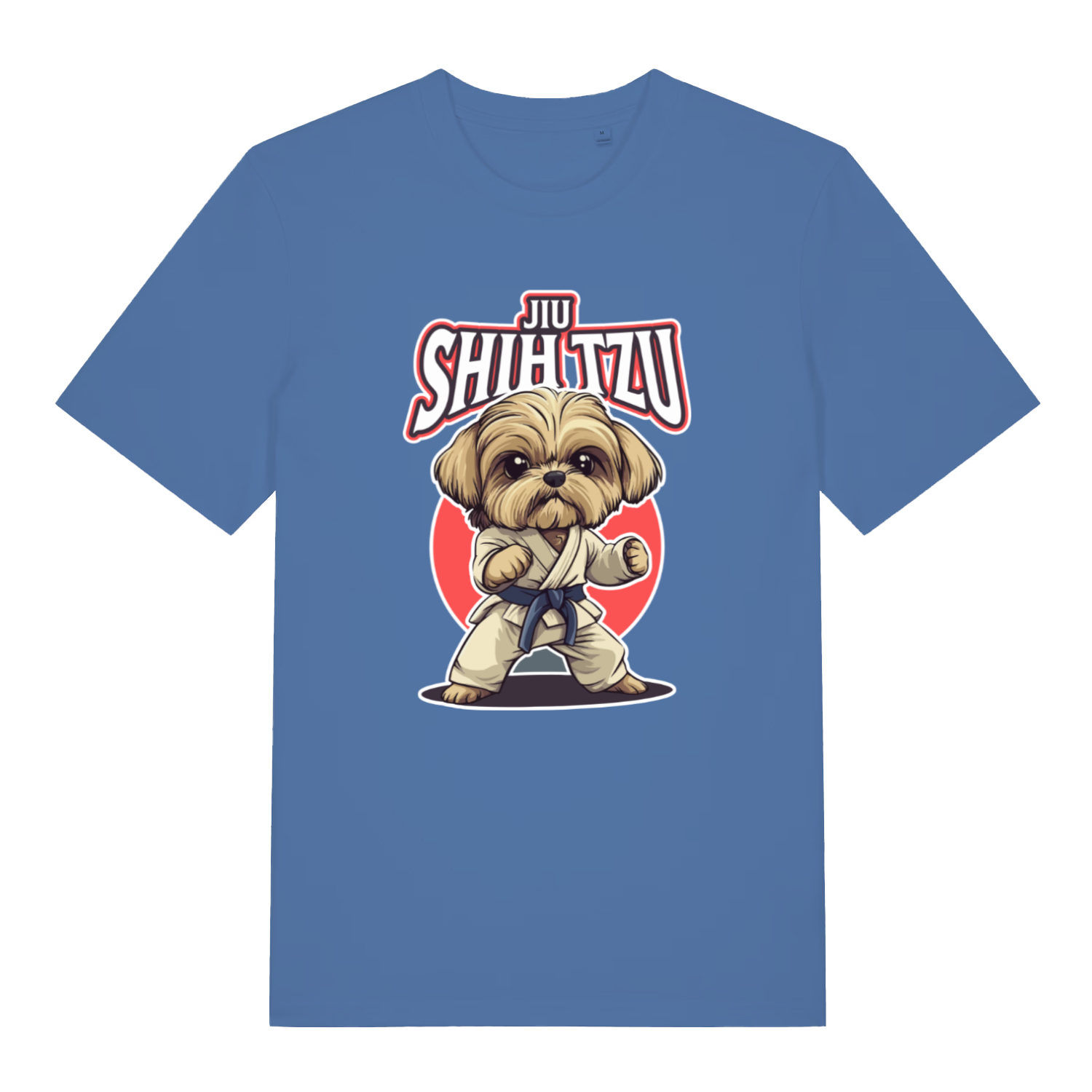 Blue funny animal t-shirt with a dog in a martial arts pose and 'Jiu Shih Tzu' text on 