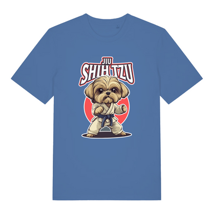 Blue funny animal t-shirt with a dog in a martial arts pose and 'Jiu Shih Tzu' text on 