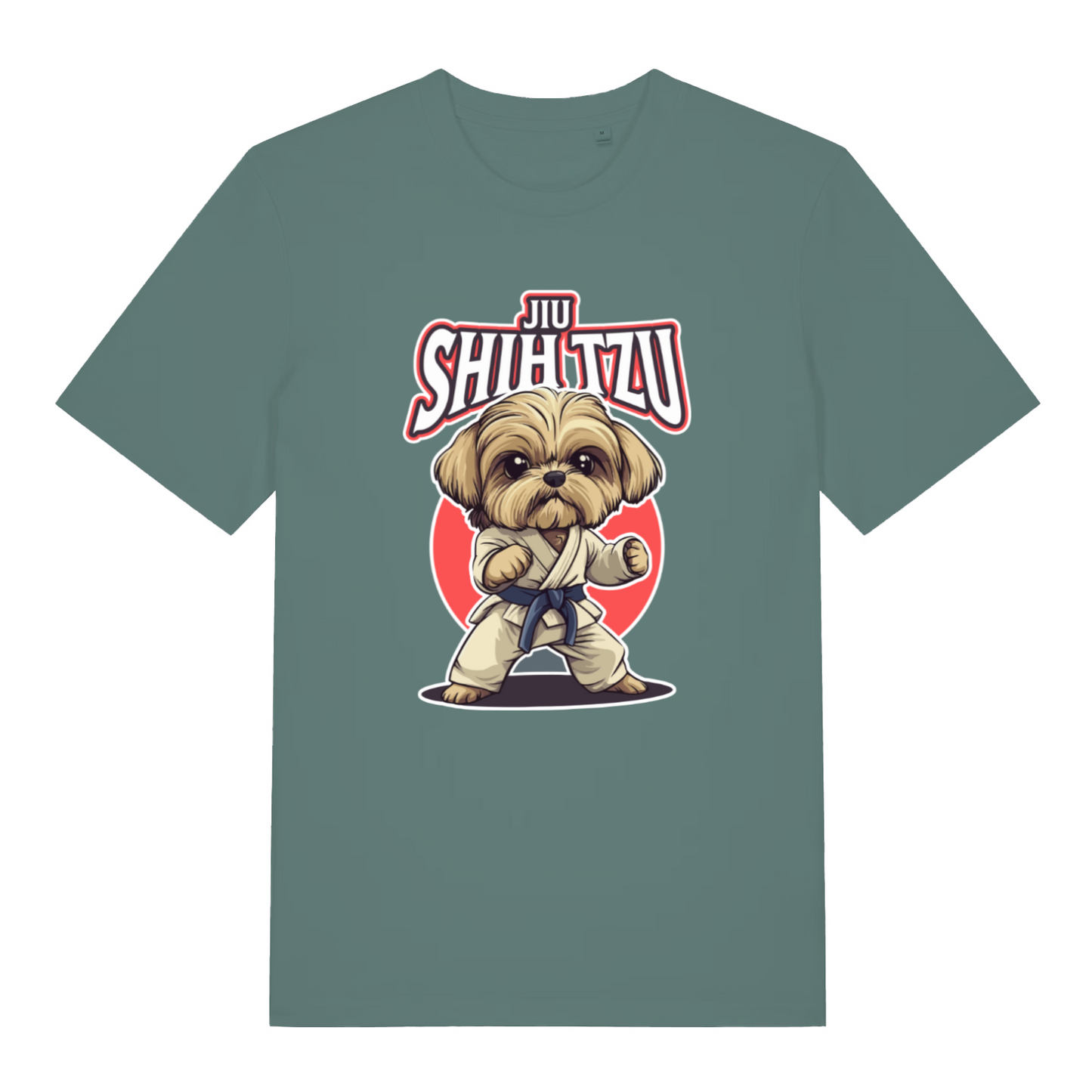 green funny animal t-shirt with a dog in a martial arts pose and 'Jiu Shih Tzu' text on 
