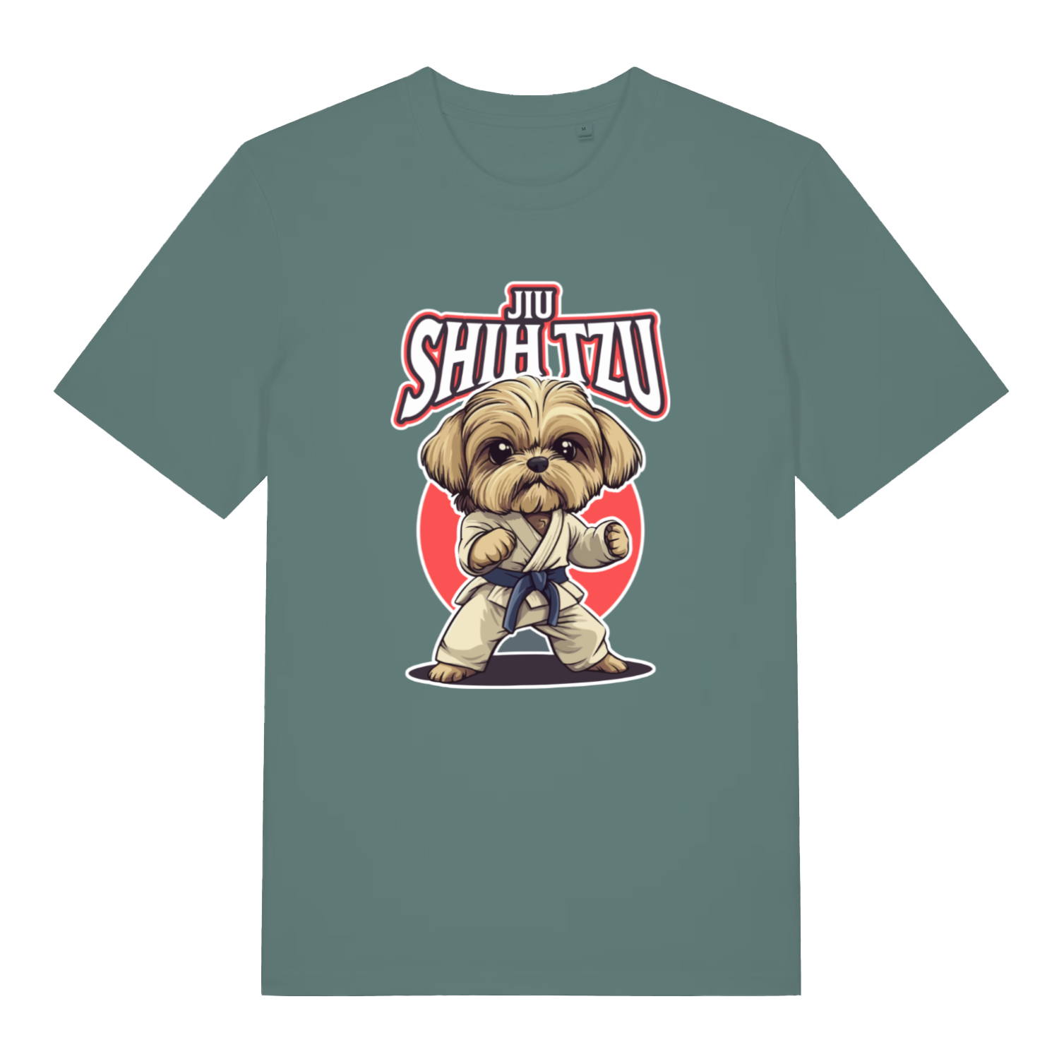 green funny animal t-shirt with a dog in a martial arts pose and 'Jiu Shih Tzu' text on 