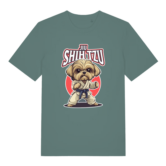 green funny animal t-shirt with a dog in a martial arts pose and 'Jiu Shih Tzu' text on 