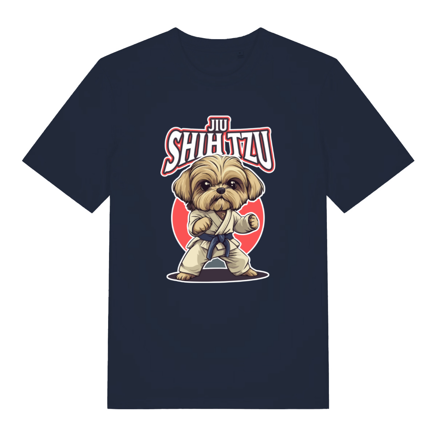 navy funny animal t-shirt with a dog in a martial arts pose and 'Jiu Shih Tzu' text on 