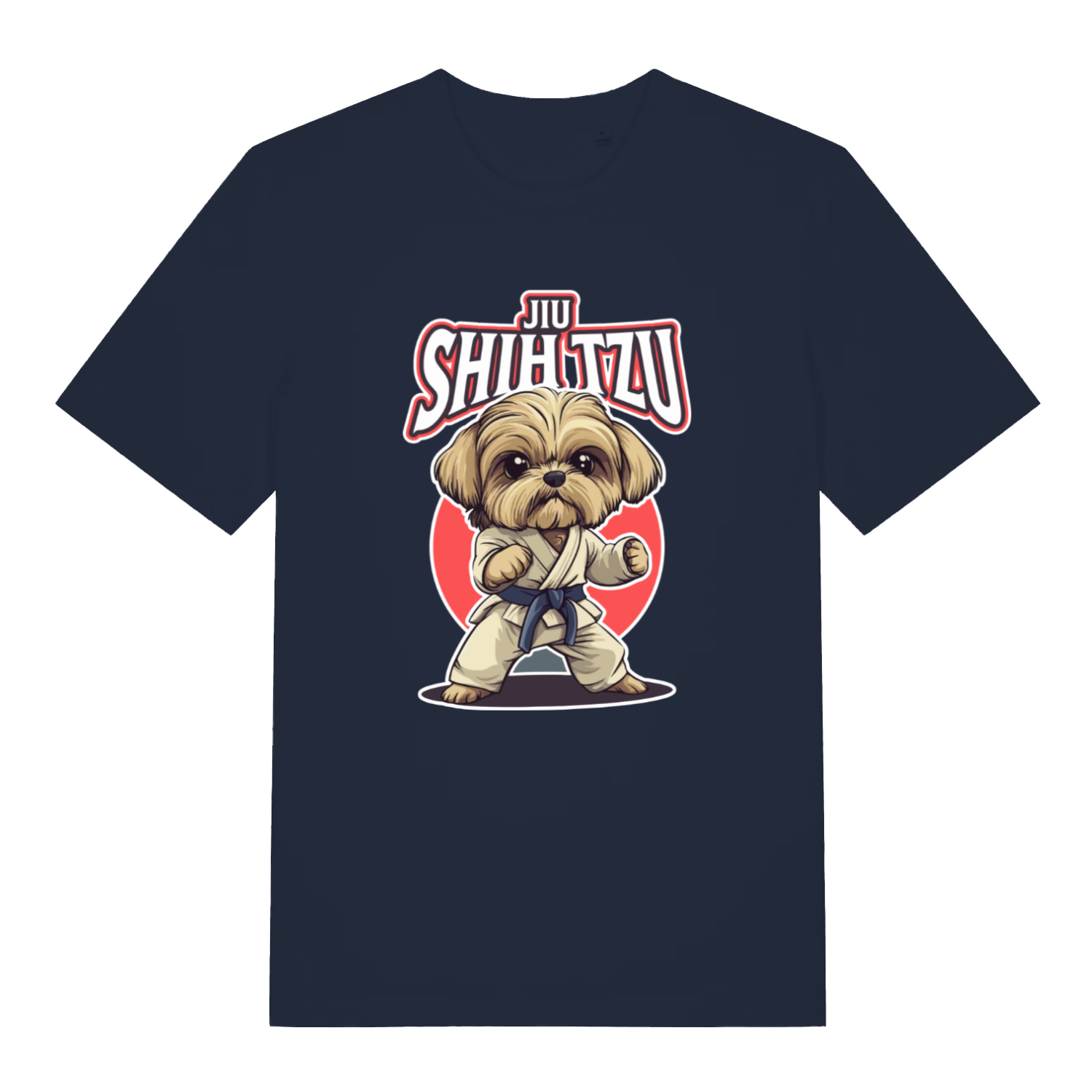 navy funny animal t-shirt with a dog in a martial arts pose and 'Jiu Shih Tzu' text on 