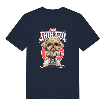 navy funny animal t-shirt with a dog in a martial arts pose and 'Jiu Shih Tzu' text on 