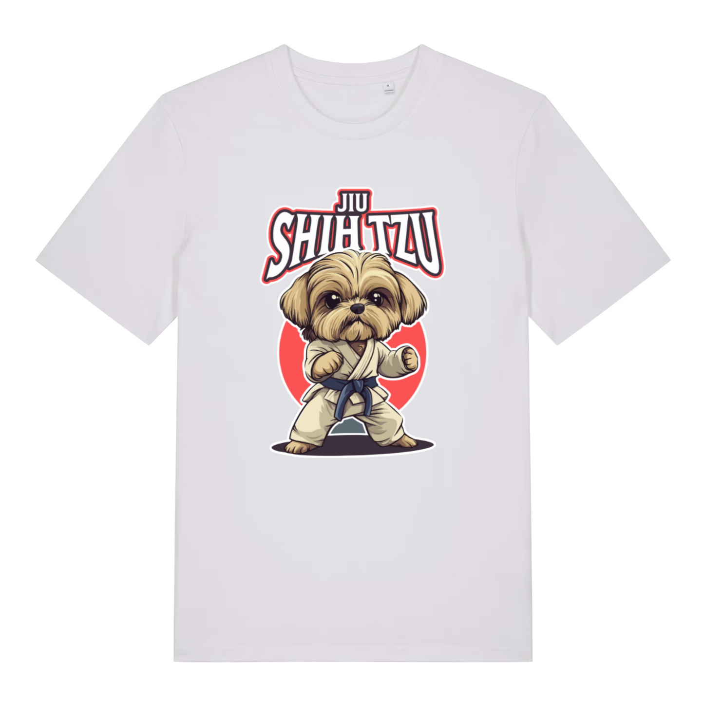 white funny animal t-shirt with a dog in a martial arts pose and 'Jiu Shih Tzu' text on 