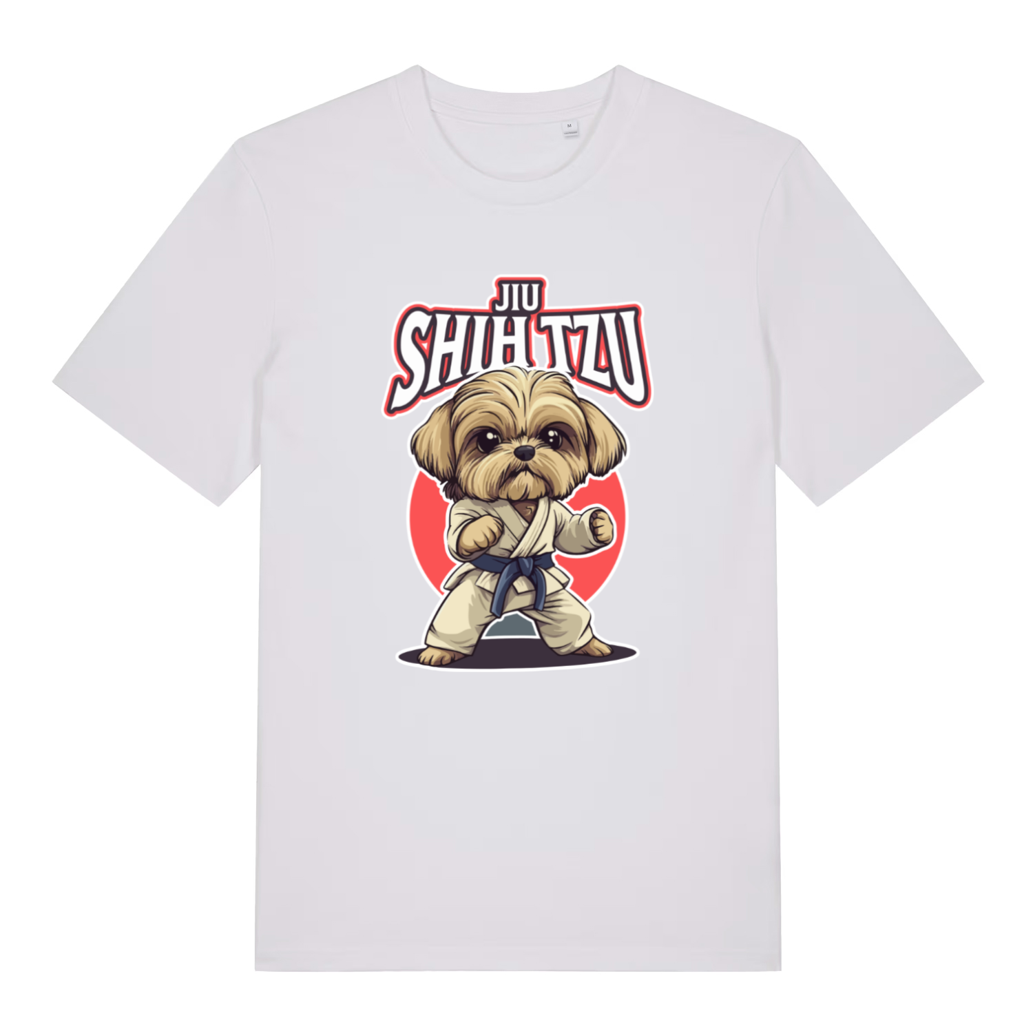 white funny animal t-shirt with a dog in a martial arts pose and 'Jiu Shih Tzu' text on 