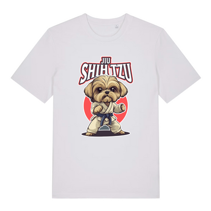 white funny animal t-shirt with a dog in a martial arts pose and 'Jiu Shih Tzu' text on 