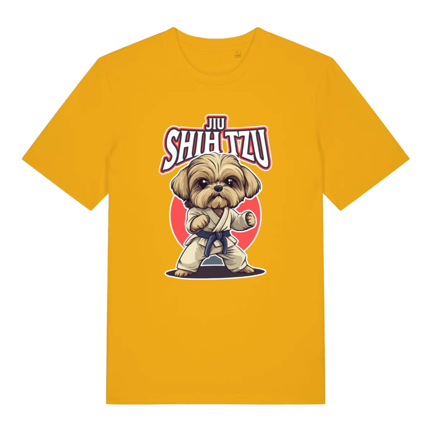 yellofunny animal t-shirt with a dog in a martial arts pose and 'Jiu Shih Tzu' text on  