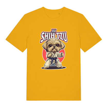yellofunny animal t-shirt with a dog in a martial arts pose and 'Jiu Shih Tzu' text on  