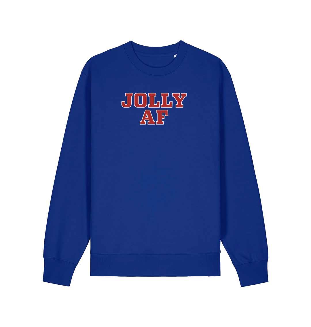 blue christmas sweater with the slogan 'jolly af'