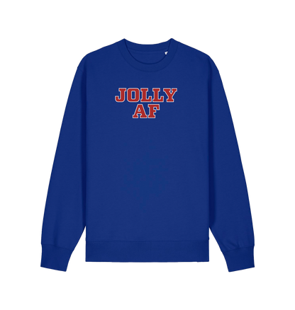 blue christmas sweater with the slogan 'jolly af'