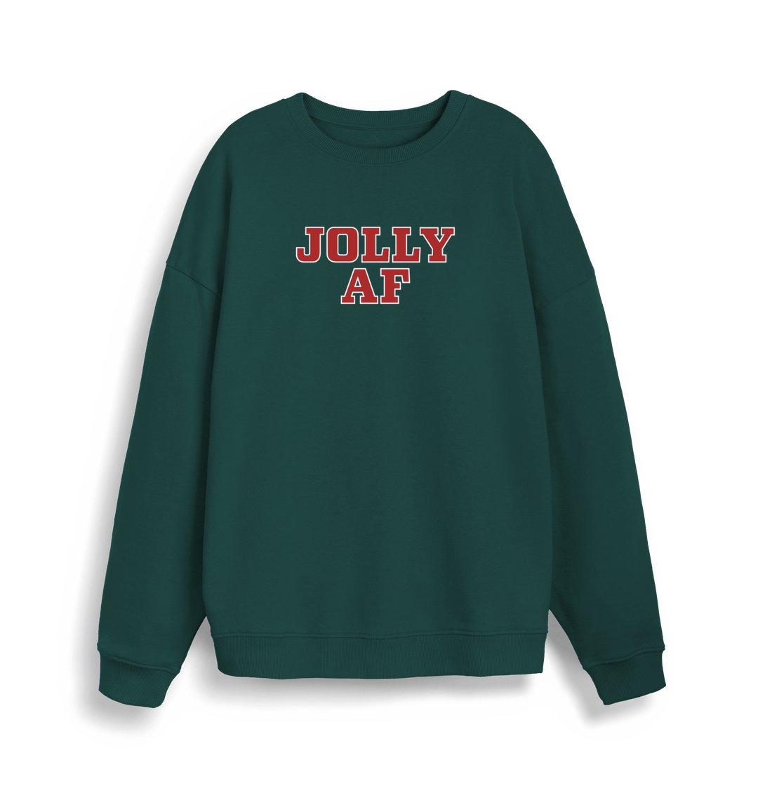 green christmas sweater with the slogan 'jolly af'