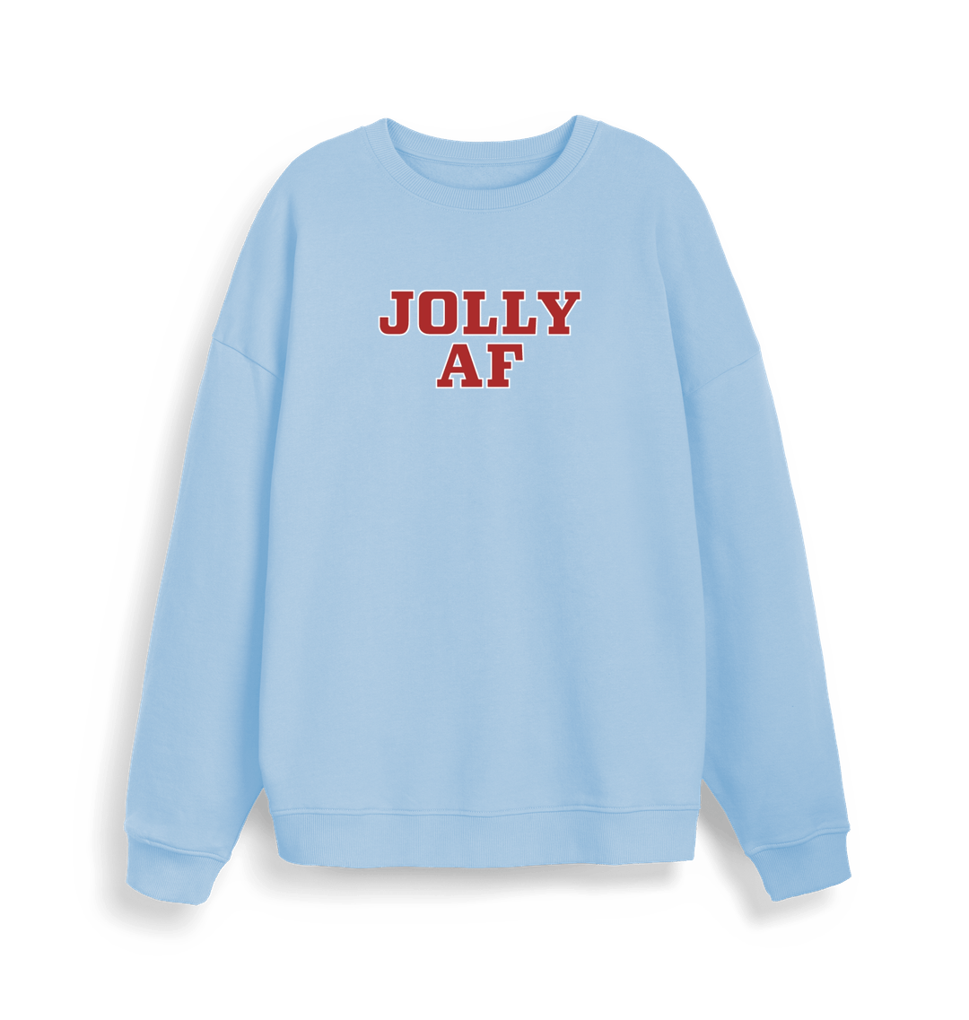 light blue christmas sweater with the slogan 'jolly af'