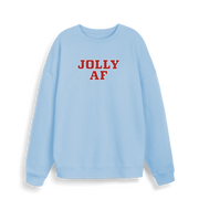 light blue christmas sweater with the slogan 'jolly af'