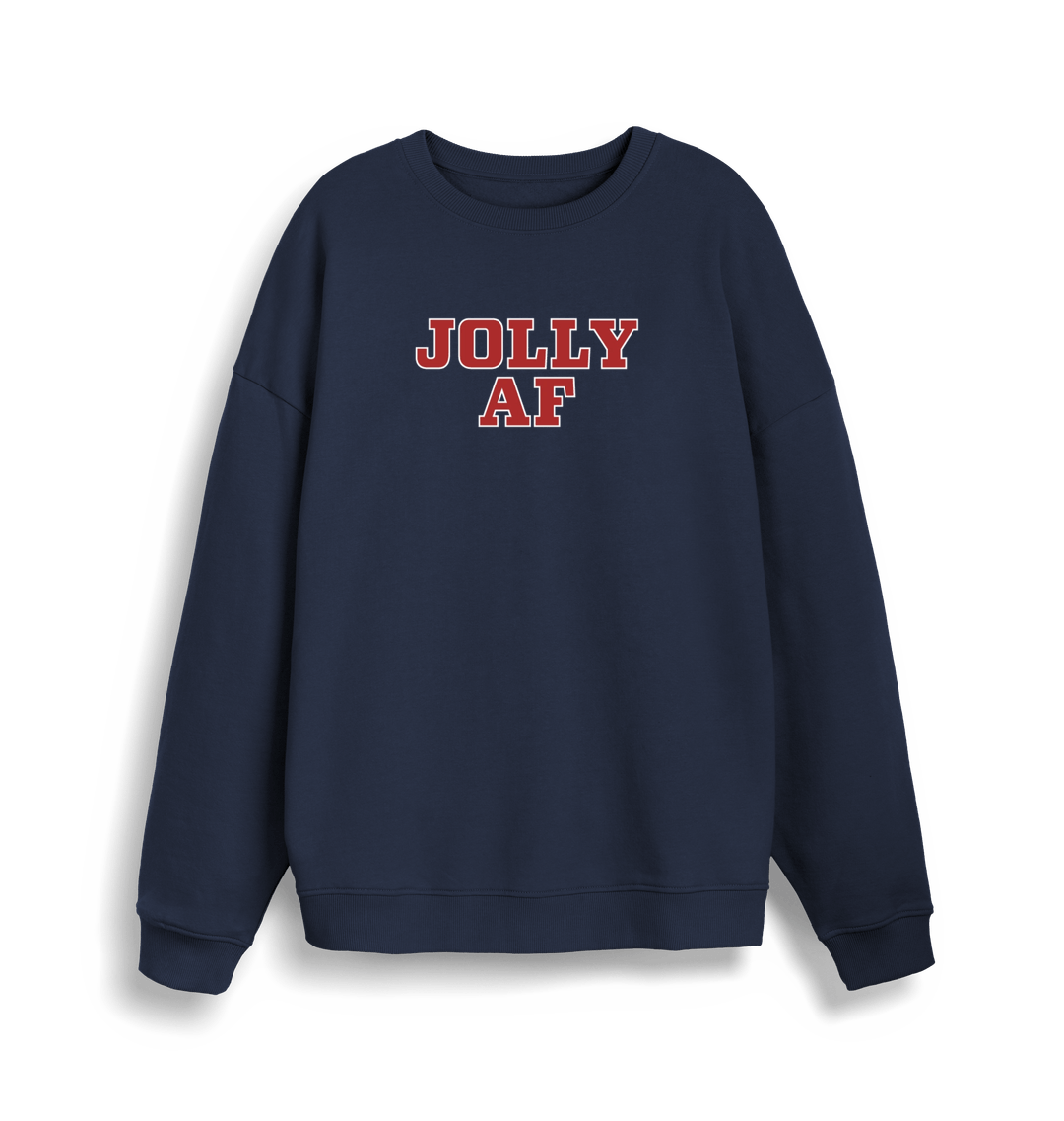 navy christmas sweater with the slogan 'jolly af'