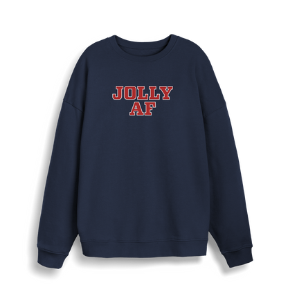 navy christmas sweater with the slogan 'jolly af'