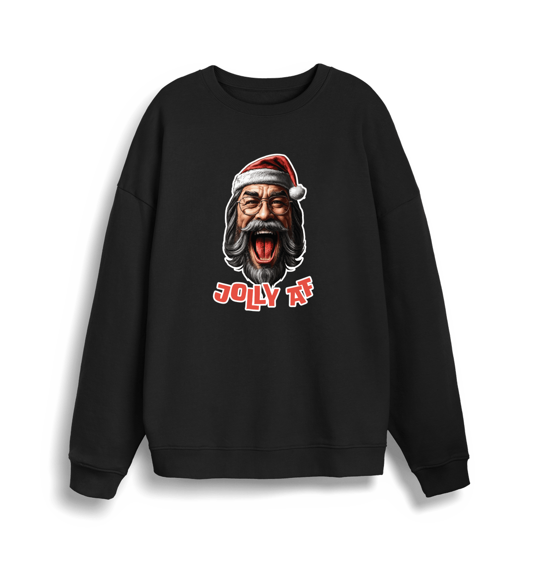 black xmas sweater with the graphic of santa and the slogan 'jolly af'
