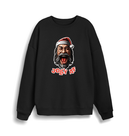 black xmas sweater with the graphic of santa and the slogan 'jolly af'