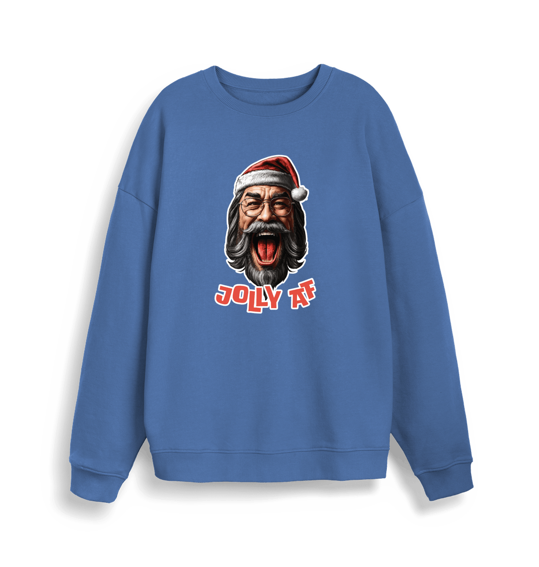 blue xmas sweater with the graphic of santa and the slogan 'jolly af'