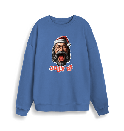 blue xmas sweater with the graphic of santa and the slogan 'jolly af'