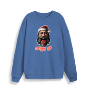 blue xmas sweater with the graphic of santa and the slogan 'jolly af'