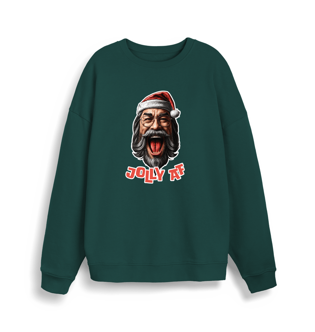 green xmas sweater with the graphic of santa and the slogan 'jolly af'