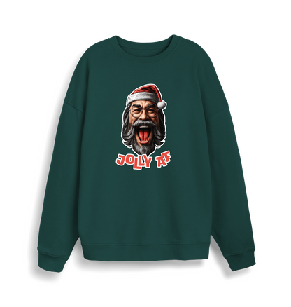 green xmas sweater with the graphic of santa and the slogan 'jolly af'