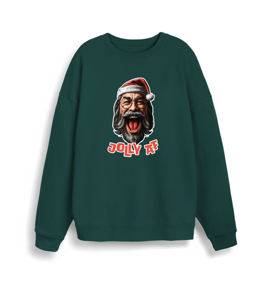 green xmas sweater with the graphic of santa and the slogan 'jolly af'