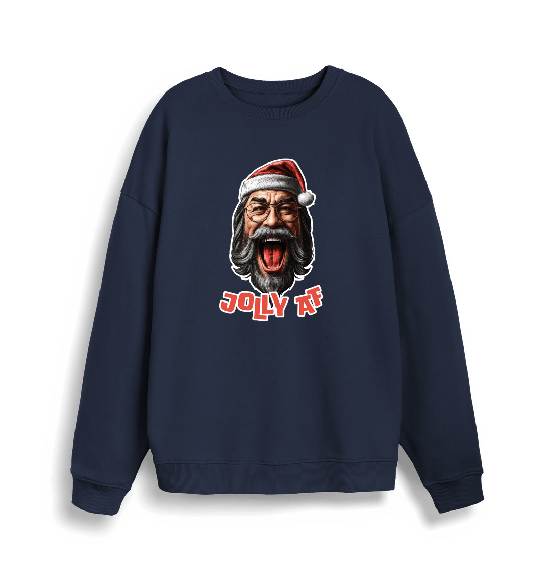 navy xmas sweater with the graphic of santa and the slogan 'jolly af'