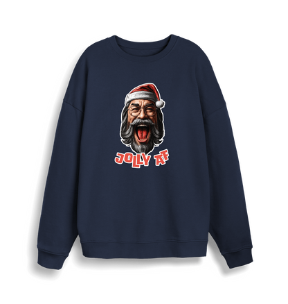 navy xmas sweater with the graphic of santa and the slogan 'jolly af'