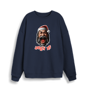 navy xmas sweater with the graphic of santa and the slogan 'jolly af'