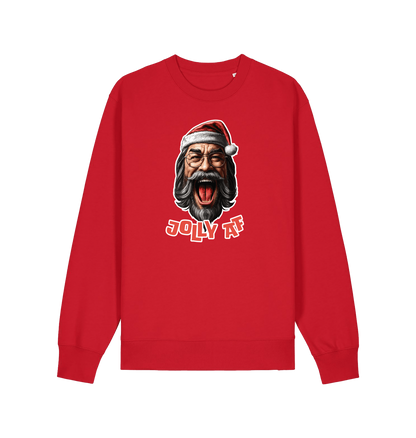 red xmas sweater with the graphic of santa and the slogan 'jolly af'