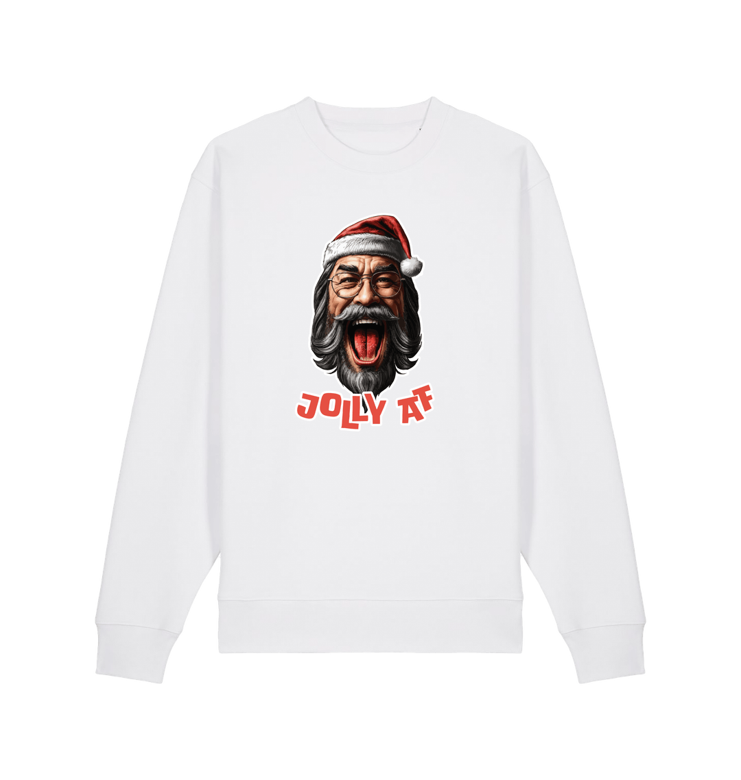 white xmas sweater with the graphic of santa and the slogan 'jolly af'
