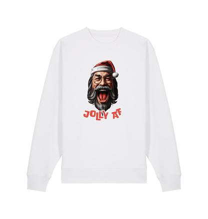 white xmas sweater with the graphic of santa and the slogan 'jolly af'