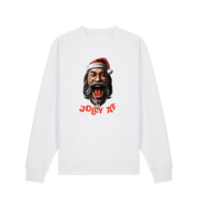 white xmas sweater with the graphic of santa and the slogan 'jolly af'